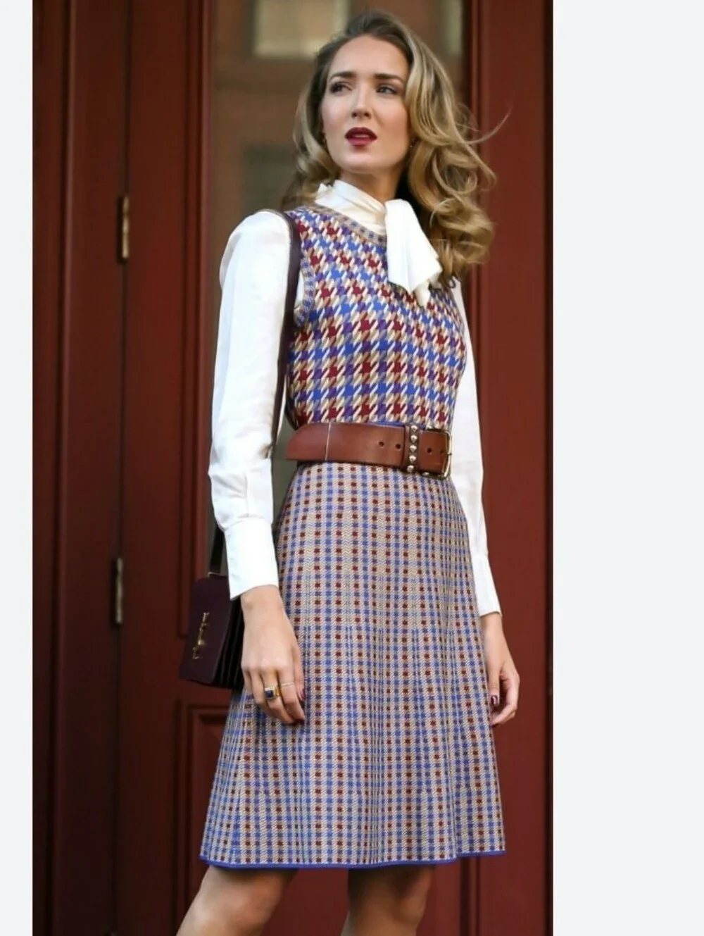 TORY BURCH Ophelia Houndstooth Tartan Dress Luxury Preppy 60s 90s Blue